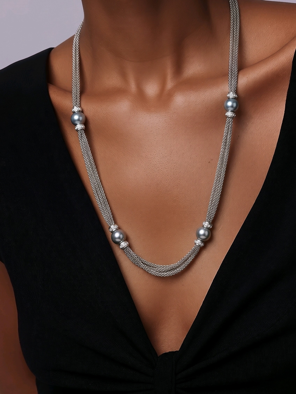 Premier designs Silver Tone Multi Strand Chain Grey Faux Pearl Crystal Necklace